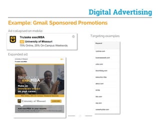 Example: Gmail Sponsored Promotions
18
Digital Advertising
Ad collapsed on mobile:
Expanded ad:
Targeting examples:
 
