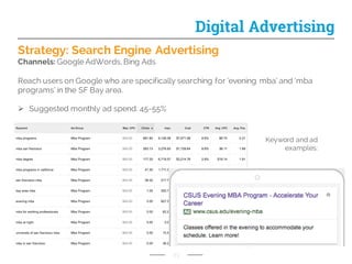 Strategy: Search Engine Advertising
Channels: Google AdWords, Bing Ads
Reach users on Google who are specifically searching for ‘evening mba’ and ‘mba
programs’ in the SF Bay area.
Ø Suggested monthly ad spend: 45-55%
Digital Advertising
Keyword and ad
examples:
23
 