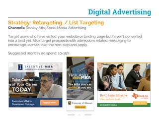 Strategy: Retargeting / List Targeting
Channels: Display Ads, Social Media Advertising
Target users who have visited your website or landing page but haven’t converted
into a lead yet. Also, target prospects with admissions related messaging to
encourage users to take the next step and apply.
Suggested monthly ad spend: 10-15%
25
Digital Advertising
 