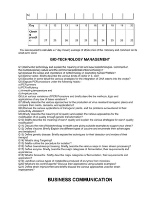 s.)
Day 11 12 13 14 15 16 17 18 19 20
Closin
g
27 25 26 28 26 26 24 25 26 25
price(R
s)
You are required to calculate a 7 day moving average of stock price of the company and comment on its
short-term trend
BIO-TECHNOLOGY MANAGEMENT
Q1) Define Bio technology and explain the meaning of old and new biotechnologies. Comment on
the multidisciplinary nature and the commercial potential of bio technology?
Q2) Discuss the scope and importance of biotechnology in promoting human Welfare?
Q3) Define vector. Briefly describe the various kinds of vector in E. coli?
Q4) Describe in some detail the various strategies for the integration of DNA inserts into the vector?
Q5) Explain PCR procedure under the following heads:-
a) PCR primers
b) PCR efficiency
c) Annealing temperature and
d) Amplicon size.
Q6) List various variations of PCR Procedure and briefly describe the methods, logic and
applications of any tow of these variations?
Q7) Briefly describe the various approaches for the production of virus resistant transgenic plants and
compare their merits, demerits, and applications?
Q8) Discuss the various applications of transgenic plants, and the problems encountered in their
productivity utilization?
Q9) Briefly describe the meaning of oil quality and explain the various approaches for the
modification of oil quality through genetic transformation?
Q10) Briefly describe the meaning of starch quality and explain the various strategies for starch quality
modification?
Q11) Discuss the role of biotechnology in health care giving suitable examples to support your views?
Q12) Define Vaccine. Briefly Explain the different types of vaccine and enumerate their advantages
and limitations?
Q13) Define genetic disease. Briefly explain the techniques for their detection and modes of their
therapy?
Q14) What Is drug Targeting?
Q15) Briefly outline the procedure for isolation?
Q16) Define downstream processing. Briefly describe the various steps in down stream processing?
Q17) Define enzyme. Briefly describe the major categories of fermentation, their requirements and
applications.
Q18) What is bioreactor. Briefly describe major categories of fermentation, their requirements and
application?
Q19) List down various types of metabolites produced of enzymes from microbes.
Q20) What are bio-control agents? Discuss their applications using suitable examples?
Q21) Define strain improvement and briefly discuss the various approaches used for strain
improvement?
BUSINESS COMMUNICATION
 