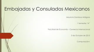 Embajadas y Consulados Mexicanos
Mauricio Gamboa Mólgora
1 Semestre “A”
Facultad de Economía – Comercio Internacional
5 de Octubre de 2015
Computación I
 
