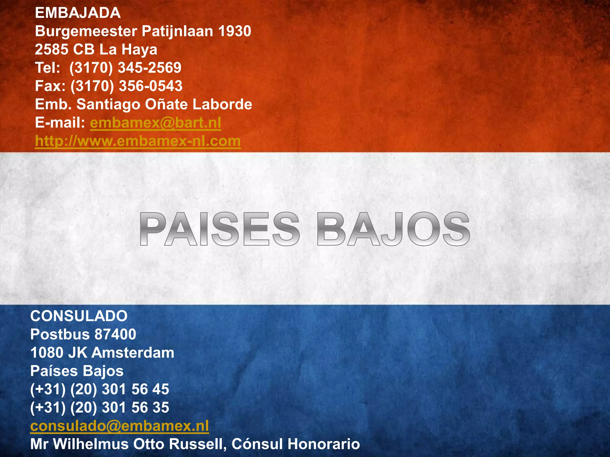 EMBAJADA
Burgemeester Patijnlaan 1930
2585 CB La Haya
Tel: (3170) 345-2569
Fax: (3170) 356-0543
Emb. Santiago Oñate Laborde
E-mail: embamex@bart.nl
http://www.embamex-nl.com
CONSULADO
Postbus 87400
1080 JK Amsterdam
Países Bajos
(+31) (20) 301 56 45
(+31) (20) 301 56 35
consulado@embamex.nl
Mr Wilhelmus Otto Russell, Cónsul Honorario
 