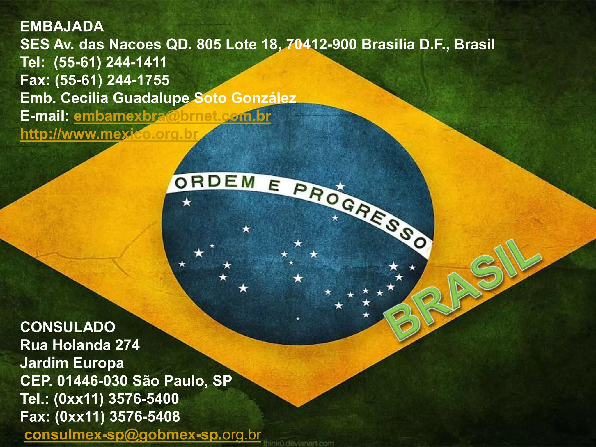 EMBAJADA
SES Av. das Nacoes QD. 805 Lote 18, 70412-900 Brasilia D.F., Brasil
Tel: (55-61) 244-1411
Fax: (55-61) 244-1755
Emb. Cecilia Guadalupe Soto González
E-mail: embamexbra@brnet.com.br
http://www.mexico.org.br
CONSULADO
Rua Holanda 274
Jardim Europa
CEP. 01446-030 São Paulo, SP
Tel.: (0xx11) 3576-5400
Fax: (0xx11) 3576-5408
consulmex-sp@gobmex-sp.org.br
 
