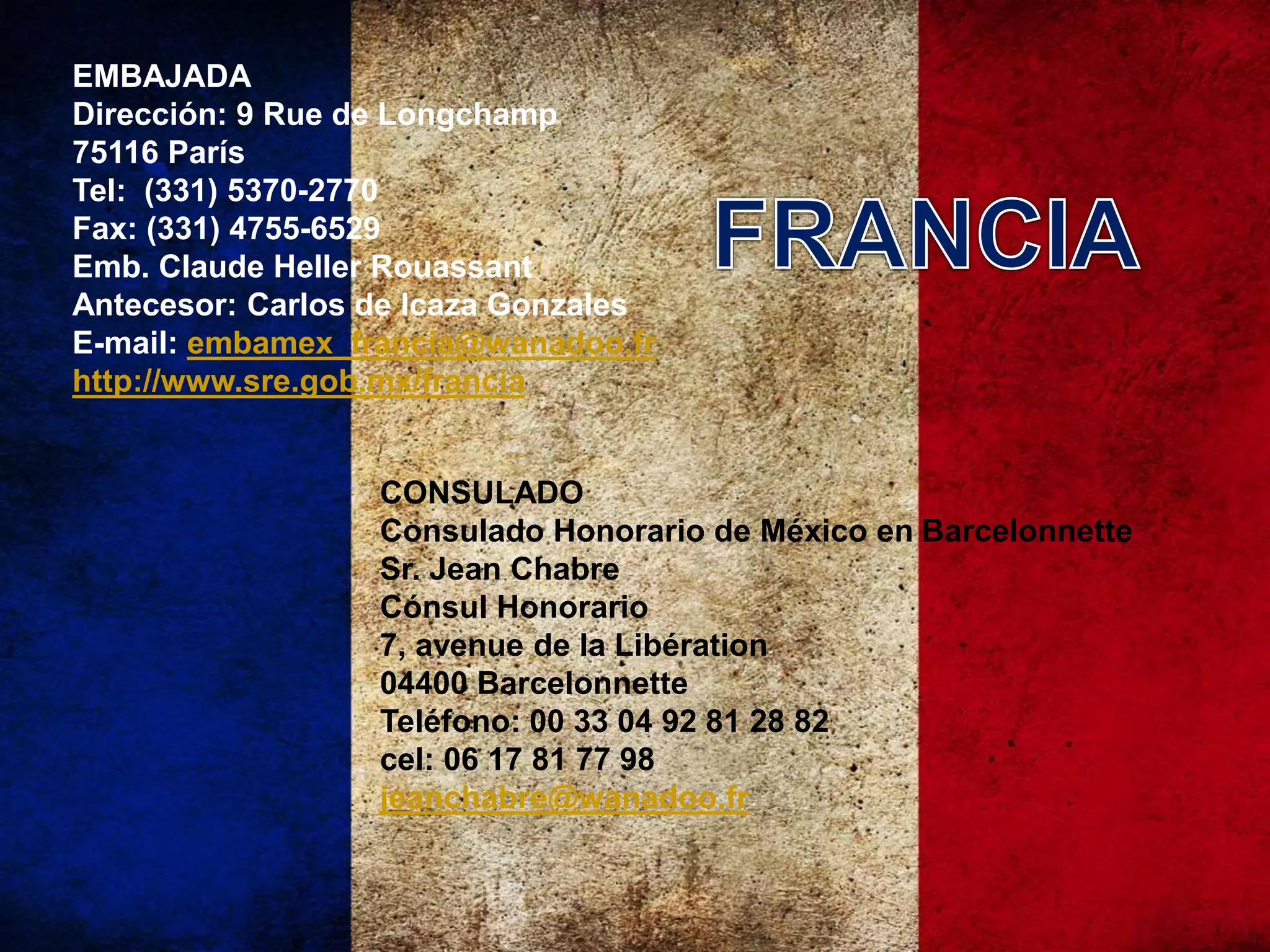 EMBAJADA
Dirección: 9 Rue de Longchamp
75116 París
Tel: (331) 5370-2770
Fax: (331) 4755-6529
Emb. Claude Heller Rouassant
Antecesor: Carlos de Icaza Gonzales
E-mail: embamex_francia@wanadoo.fr
http://www.sre.gob.mx/francia
CONSULADO
Consulado Honorario de México en Barcelonnette
Sr. Jean Chabre
Cónsul Honorario
7, avenue de la Libération
04400 Barcelonnette
Teléfono: 00 33 04 92 81 28 82
cel: 06 17 81 77 98
jeanchabre@wanadoo.fr
 