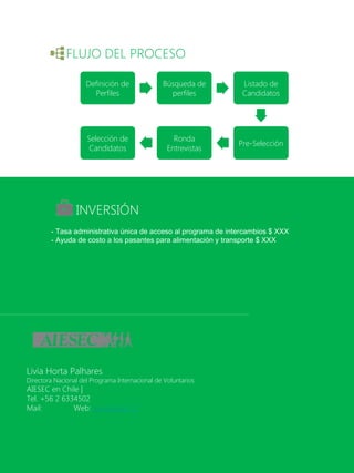 Definición de
Perfiles
Búsqueda de
perfiles
Listado de
Candidatos
Pre-Selección
Ronda
Entrevistas
Selección de
Candidatos
- Tasa administrativa única de acceso al programa de intercambios $ XXX
- Ayuda de costo a los pasantes para alimentación y transporte $ XXX
INVERSIÓN
FLUJO DEL PROCESO
Livia Horta Palhares
Directora Nacional del Programa Internacional de Voluntarios
AIESEC en Chile |
Tel. +56 2 6334502
Mail: Web: www.aiesec.cl
 