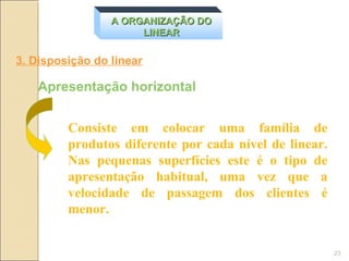 A ORGANIZAÇÃO DO
                      LINEAR

3. Disposição do linear

   Apresentação horizontal


         Consiste em colocar uma família de
         produtos diferente por cada nível de linear.
         Nas pequenas superfícies este é o tipo de
         apresentação habitual, uma vez que a
         velocidade de passagem dos clientes é
         menor.


                                                        23
 