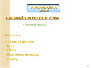 A ORGANIZAÇÃO DO
                           LINEAR

4. ANIMAÇÃO DO PONTO DE VENDA

                Animação pontual



Meios físicos

 Topos de gôndola
 Ilhas
 Pilhas

 Expositores de massa

 Display


                                         32
 