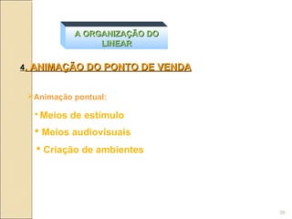 A ORGANIZAÇÃO DO
                 LINEAR

4. ANIMAÇÃO DO PONTO DE VENDA


 Animação pontual:

   Meios   de estímulo
   Meios audiovisuais
    Criação de ambientes




                                39
 