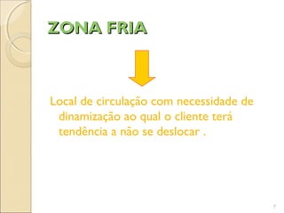 ZONA FRIA



Local de circulação com necessidade de
 dinamização ao qual o cliente terá
 tendência a não se deslocar .




                                         7
 