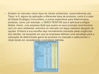    Existem no mercado vários tipos de rótulos ambientais, essencialmente dos
    Tipos I e II, alguns de aplicação a diferentes tipos de produtos, como é o caso
    do Rótulo Ecológico Comunitário, e outros específicos para determinados
    produtos, como, por exemplo, o OEKO-TEX®100 que é aplicável a artigos
    têxteis. Assim, uma empresa têxtil que queira os seus produtos reconhecidos
    com um cariz ambiental, encontra no mercado um leque bastante alargado de
    opções. Embora a sua escolha seja normalmente orientada pelas exigências
    dos clientes, há situações em que as empresas definem uma estratégia para a
    colocação de determinada gama de produtos no mercado e seleccionam o
    rótulo tendo em consideração a estratégia definida.
 