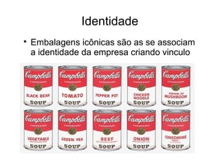Identidade

Embalagens icônicas são as se associam
a identidade da empresa criando vinculo
 