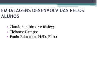 EMBALAGENS DESENVOLVIDAS PELOS
ALUNOS

  • Claudenor Júnior e Risley;
  • Ticianne Campos
  • Paulo Eduardo e Hélio Filho
 