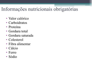 Informações nutricionais obrigatórias
  •   Valor calórico
  •   Carboidratos
  •   Proteína
  •   Gordura total
  •   Gordura saturada
  •   Colesterol
  •   Fibra alimentar
  •   Cálcio
  •   Ferro
  •   Sódio
 