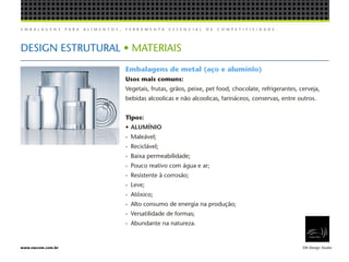 E M B A L A G E N S P A R A A L I M E N T O S , F E R R A M E N T A E S S E N C I A L D E C O M P E T I T I V I D A D E .
EW Design Studiowww.ewcom.com.br
DESIGN ESTRUTURAL • MATERIAIS
Embalagens de metal (aço e alumínio)
Usos mais comuns:
Vegetais, frutas, grãos, peixe, pet food, chocolate, refrigerantes, cerveja,
bebidas alcoolicas e não alcoolicas, farináceos, conservas, entre outros.
Tipos:
•	ALUMÍNIO
-	Maleável;
-	Reciclável;
-	 Baixa permeabilidade;
-	 Pouco reativo com água e ar;
-	 Resistente à corrosão;
-	Leve;
-	Atóxico;
-	 Alto consumo de energia na produção;
-	 Versatilidade de formas;
-	 Abundante na natureza.
 