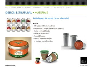 E M B A L A G E N S P A R A A L I M E N T O S , F E R R A M E N T A E S S E N C I A L D E C O M P E T I T I V I D A D E .
EW Design Studiowww.ewcom.com.br
DESIGN ESTRUTURAL • MATERIAIS
Embalagens de metal (aço e alumínio)
• AÇO
-	 Elevada resistência mecânica;
-	 Resistência à penetração e riscos (dureza);
-	 Baixa permeabilidade;
-	 Pode ser esterilizado;
-	Reciclabilidade;
-	 Precisa ser revestido para
	 o contato com alimentos.
 