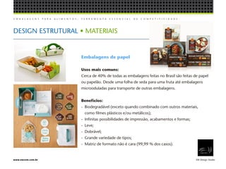 E M B A L A G E N S P A R A A L I M E N T O S , F E R R A M E N T A E S S E N C I A L D E C O M P E T I T I V I D A D E .
EW Design Studiowww.ewcom.com.br
DESIGN ESTRUTURAL • MATERIAIS
Embalagens de papel
Usos mais comuns:
Cerca de 40% de todas as embalagens feitas no Brasil são feitas de papel
ou papelão. Desde uma folha de seda para uma fruta até embalagens
microoduladas para transporte de outras embalagens.
Benefícios:
-	 Biodegradável (exceto quando combinado com outros materiais,
	 como filmes plásticos e/ou metálicos);
-	 Infinitas possibilidades de impressão, acabamentos e formas;
-	Leve;
-	Dobrável;
-	 Grande variedade de tipos;
-	 Matriz de formato não é cara (99,99 % dos casos).
 
