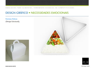 E M B A L A G E N S P A R A A L I M E N T O S , F E R R A M E N T A E S S E N C I A L D E C O M P E T I T I V I D A D E .
EW Design Studiowww.ewcom.com.br
DESIGN GRÁFICO • NECESSIDADES EMOCIONAIS
Formas físicas
(Design Estrutural);
 