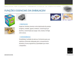 E M B A L A G E N S P A R A A L I M E N T O S , F E R R A M E N T A E S S E N C I A L D E C O M P E T I T I V I D A D E .
EW Design Studiowww.ewcom.com.br
• PROTEÇÃO
Exigências sanitárias; barreiras contra deterioração do produto
(oxigênio, umidade, agentes oxidantes, contaminação por
bactérias, contaminação por pragas: ratos, baratas, formigas
entre outros).
• CONVENIÊNCIA
Portabilidade; Facilidade de abertura; Fechamento para usos
repetitivos; Dimensões adequadas para o armazenamento
doméstico; Formas ergonômicas; Quantidades que evitem
o desperdício.
FUNÇÕES ESSENCIAIS DA EMBALAGEM
 