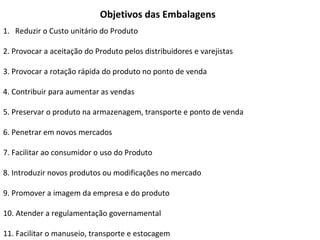 Objetivos das Embalagens
1. Reduzir o Custo unitário do Produto
2. Provocar a aceitação do Produto pelos distribuidores e varejistas
3. Provocar a rotação rápida do produto no ponto de venda
4. Contribuir para aumentar as vendas
5. Preservar o produto na armazenagem, transporte e ponto de venda
6. Penetrar em novos mercados
7. Facilitar ao consumidor o uso do Produto
8. Introduzir novos produtos ou modificações no mercado
9. Promover a imagem da empresa e do produto
10. Atender a regulamentação governamental
11. Facilitar o manuseio, transporte e estocagem
 