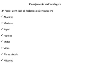 Planejamento da Embalagem
2º Passo- Conhecer os materiais das embalagens
 Alumínio
 Madeira
 Papel
 Papelão
 Metal
 Vidro
 Fibras têxteis
 Plásticos
 