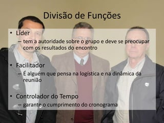 Divisão de Funções
• Líder
– tem a autoridade sobre o grupo e deve se preocupar
com os resultados do encontro
• Facilitador
– É alguém que pensa na logística e na dinâmica da
reunião
• Controlador do Tempo
– garante o cumprimento do cronograma
 