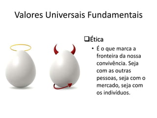 Valores Universais Fundamentais

                Ética
                  • É o que marca a
                    fronteira da nossa
                    convivência. Seja
                    com as outras
                    pessoas, seja com o
                    mercado, seja com
                    os indivíduos.
 