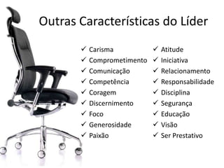 Outras Características do Líder
          Carisma              Atitude
          Comprometimento      Iniciativa
          Comunicação          Relacionamento
          Competência          Responsabilidade
          Coragem              Disciplina
          Discernimento        Segurança
          Foco                 Educação
          Generosidade         Visão
          Paixão               Ser Prestativo
 