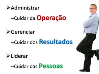 Administrar
 –Cuidar da Operação

Gerenciar
 –Cuidar dos Resultados

Liderar
 –Cuidar das Pessoas
 