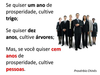 Se quiser um ano de
prosperidade, cultive
trigo;

Se quiser dez
anos, cultive árvores;

Mas, se você quiser cem
anos de
prosperidade, cultive
pessoas.                  Provérbio Chinês
 
