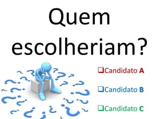 Quem
escolheriam?
       Candidato A

       Candidato B

       Candidato C
 