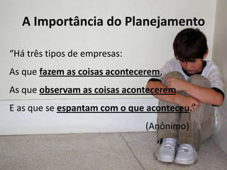 A Importância do Planejamento

“Há três tipos de empresas:
As que fazem as coisas acontecerem,
As que observam as coisas acontecerem
E as que se espantam com o que aconteceu.”
                               (Anônimo)
 