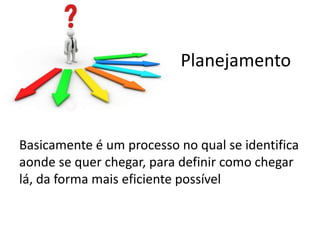 Planejamento



Basicamente é um processo no qual se identifica
aonde se quer chegar, para definir como chegar
lá, da forma mais eficiente possível
 