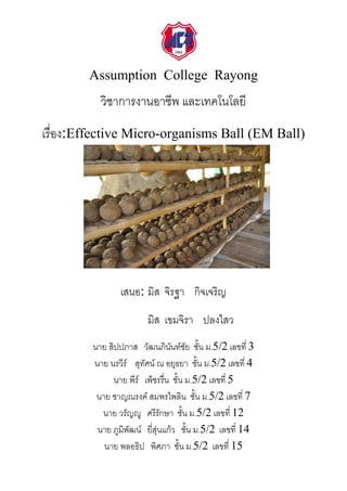 Assumption College Rayong
วิชาการงานอาชีพ และเทคโนโลยี
เรื่อง:Effective Micro-organisms Ball (EM Ball)
เสนอ: มิส จิรฐา กิจเจริญ
มิส เขมจิรา ปลงไสว
นาย สิปปภาส วัฒนภินันท์ชัย ชั้น ม.5/2 เลขที่ 3
นาย นรวีร์ สุทัศน์ ณ อยุธยา ชั้น ม.5/2 เลขที่ 4
นาย พีร์ เพ็ชรรื่น ชั้น ม.5/2 เลขที่ 5
นาย ชาญณรงค์ สมพรไพลิน ชั้น ม.5/2 เลขที่ 7
นาย วรัญญู ศรีรักษา ชั้น ม.5/2 เลขที่ 12
นาย ภูมิพัฒน์ ยี่สุ่นแก้ว ชั้น ม.5/2 เลขที่ 14
นาย พลอธิป พิศภา ชั้น ม.5/2 เลขที่ 15
 