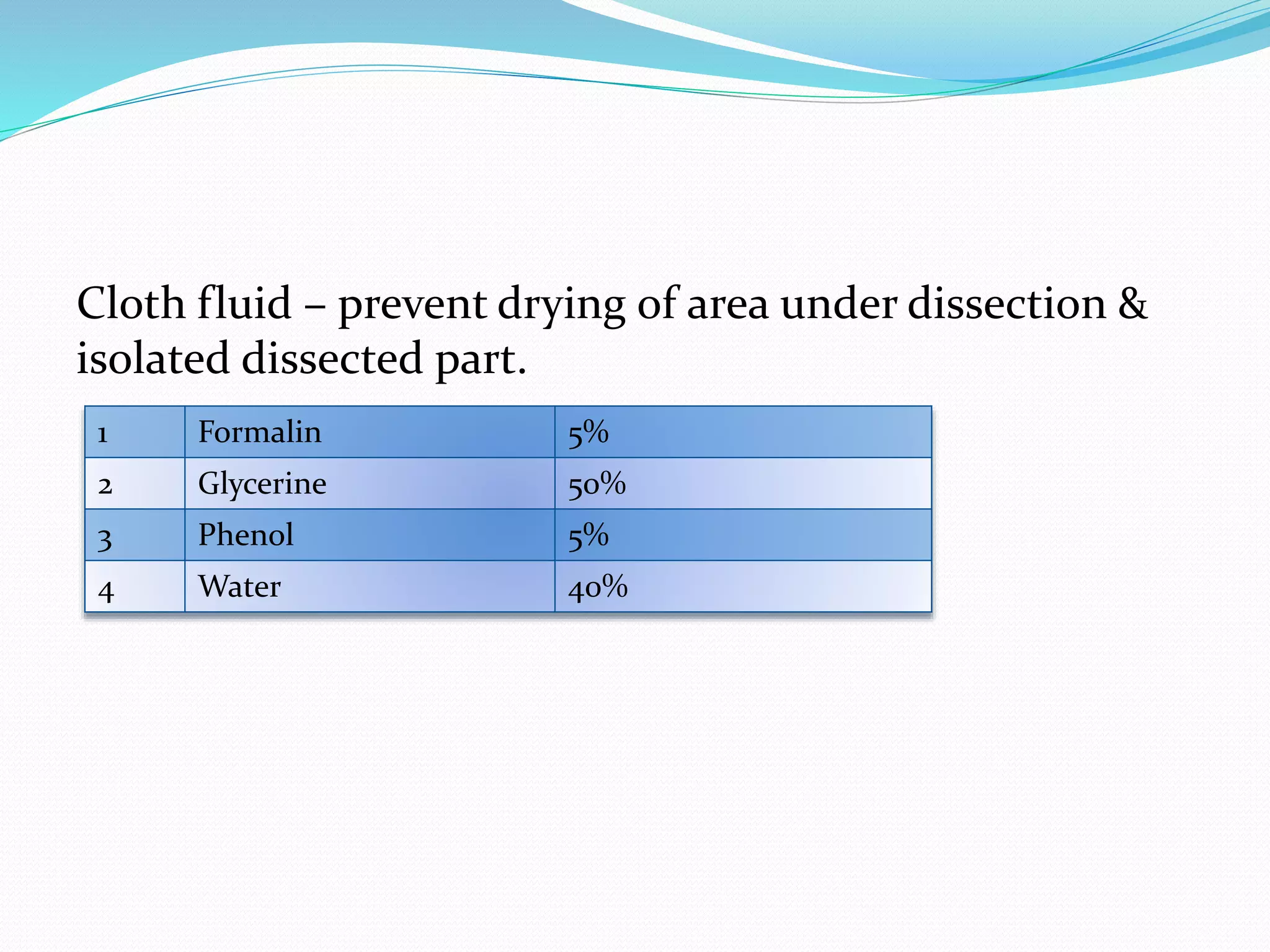 Cloth fluid – prevent drying of area under dissection &
isolated dissected part.
1 Formalin 5%
2 Glycerine 50%
3 Phenol 5%
4 Water 40%
 