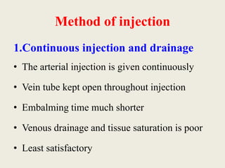 Method of injection 
1.Continuous injection and drainage 
• The arterial injection is given continuously 
• Vein tube kept open throughout injection 
• Embalming time much shorter 
• Venous drainage and tissue saturation is poor 
• Least satisfactory 
 