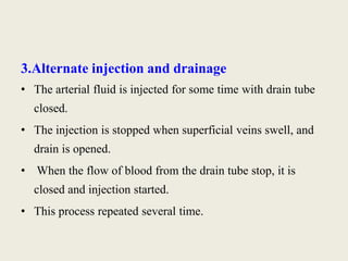 3.Alternate injection and drainage 
• The arterial fluid is injected for some time with drain tube 
closed. 
• The injection is stopped when superficial veins swell, and 
drain is opened. 
• When the flow of blood from the drain tube stop, it is 
closed and injection started. 
• This process repeated several time. 
 