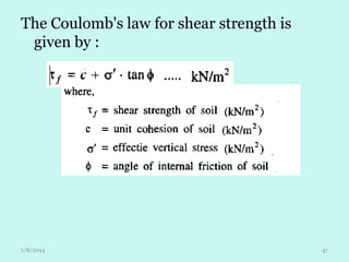 The Coulomb's law for shear strength is
given by :

1/8/2014

47

 