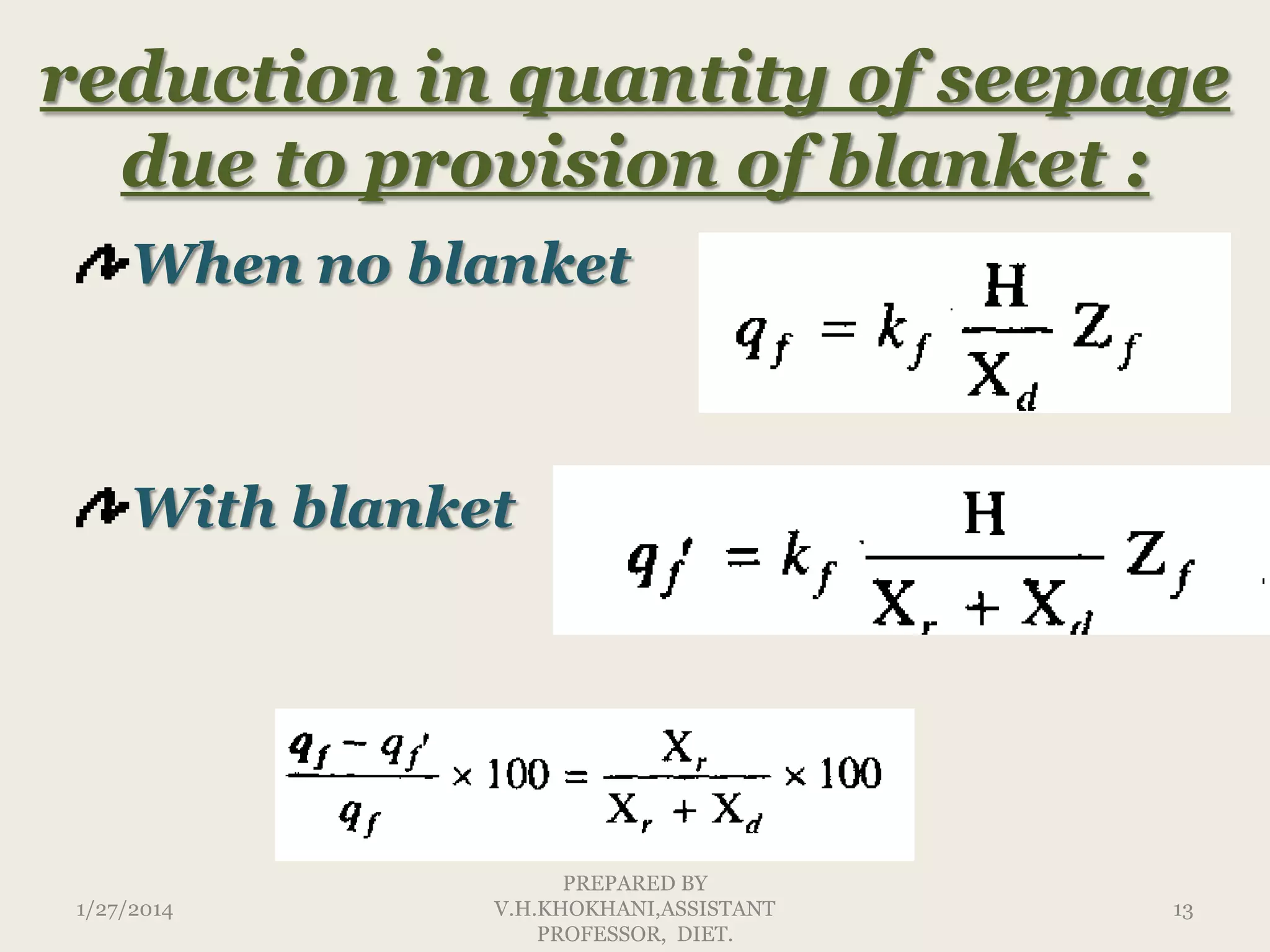reduction in quantity of seepage
due to provision of blanket :
When no blanket

With blanket

1/27/2014

PREPARED BY
V.H.KHOKHANI,ASSISTANT
PROFESSOR, DIET.

13

 