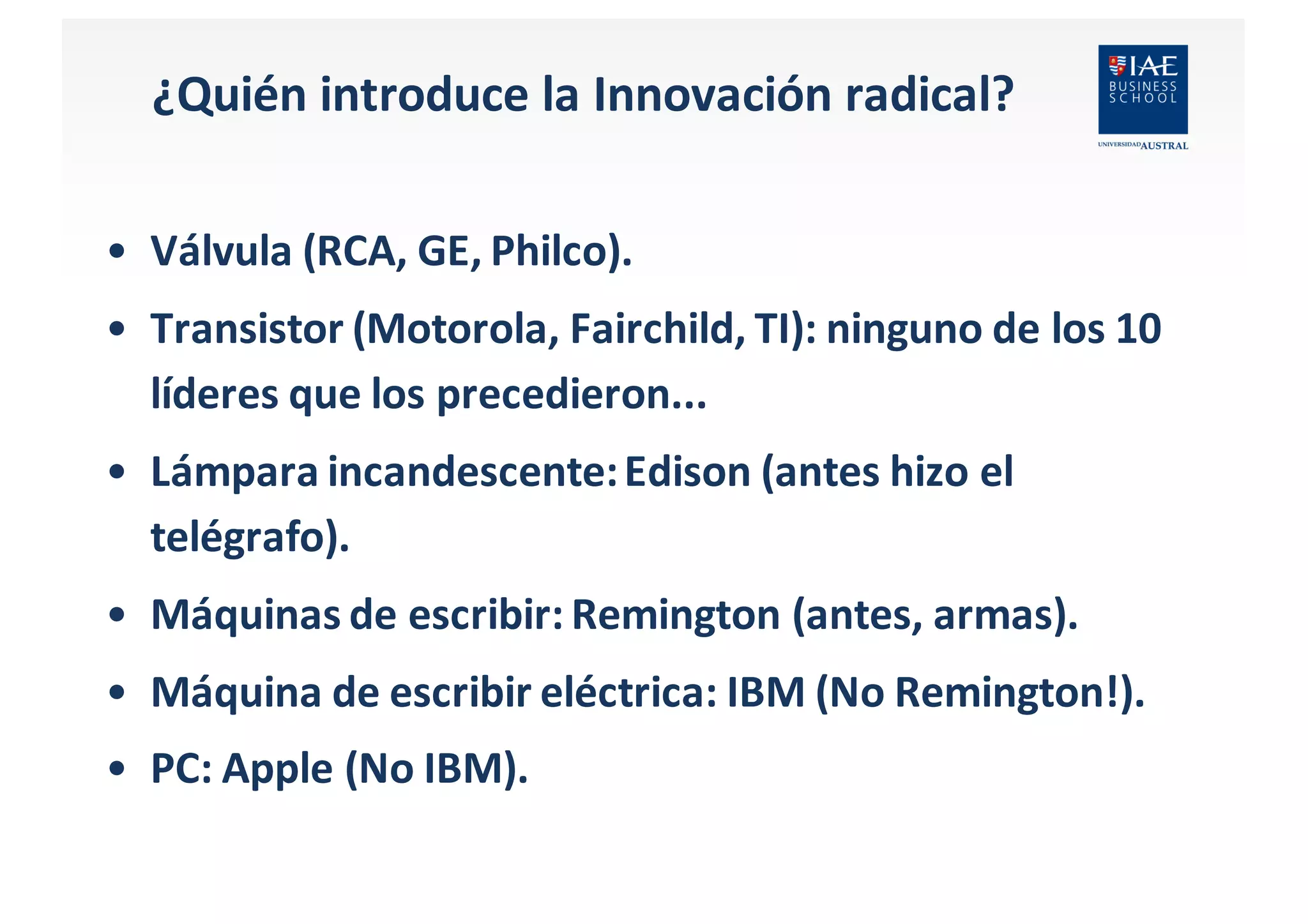 ¿Quién	
  introduce	
  la	
  Innovación	
  radical?
• Válvula (RCA,	
  GE,	
  Philco).
• Transistor	
  (Motorola,	
  Fairchild,	
  TI):	
  ninguno de	
  los 10	
  
líderes que los precedieron...
• Lámpara incandescente:	
  Edison	
  (antes hizo el
telégrafo).
• Máquinas de	
  escribir:	
  Remington (antes,	
  armas).
• Máquina de	
  escribir eléctrica:	
  IBM	
  (No	
  Remington!).
• PC:	
  Apple	
  (No	
  IBM).
 