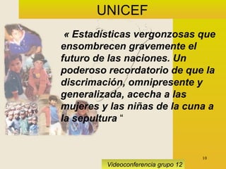 10
Videoconferencia grupo 12
UNICEF
« Estadísticas vergonzosas que
ensombrecen gravemente el
futuro de las naciones. Un
poderoso recordatorio de que la
discrimación, omnipresente y
generalizada, acecha a las
mujeres y las niñas de la cuna a
la sepultura “
 