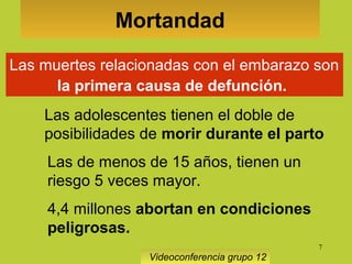 7
Las muertes relacionadas con el embarazo son
la primera causa de defunción.
Mortandad
Las adolescentes tienen el doble de
posibilidades de morir durante el parto
Las de menos de 15 años, tienen un
riesgo 5 veces mayor.
Videoconferencia grupo 12
4,4 millones abortan en condiciones
peligrosas. 
 
