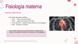 Fisiología materna
Sistema cardiovascular
 Aumento del gasto cardiaco
 22% ….. Primer trimestre (8 SDG)
 50 % …. Segundo trimestre 28-32 SDG
 60 % adicional…. Trabajo de parto (Atenúa con la analgesia)
 80% ….Postparto inmediato
• El aumento del GC por autotransfusión sanguínea de
útero a circulación central no se afecta con la analgesia
Cottrell JE, Patel P, Warner DS. Cottrell and Patel's neuroanesthesia : Elsevier; 2017
 