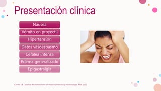 Presentación clínica
Náusea
Vómito en proyectil
Hipertensión
Datos vasoespasmo
Cefalea intensa
Edema generalizado
Epigastralgia
Carrillo E.R Castelazo Neuromonitoreo en medicina intensiva y anestesiología, Alfill; 2011
 