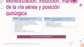 Monitorización, inducción, manejo
de la vía aérea y posición
quirúrgica
• MANEJO ANESTÉSICO
Cottrell JE, Patel P, Warner DS. Cottrell and Patel's neuroanesthesia : Elsevier; 2017
INDUCCIÓN // MANTENIMIENTO
 