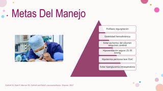 Metas Del Manejo
Profilaxis regurgitación
Estabilidad hemodinámica
Evitar aumentos del volumen
sanguíneo cerebral
Hipoventilación segura: 25-30
mmHg
Hipotermia permisiva leve 35oC
Evitar hiperglucemia intraoperatoria
Cottrell JE, Patel P, Warner DS. Cottrell and Patel's neuroanesthesia : Elsevier; 2017
 
