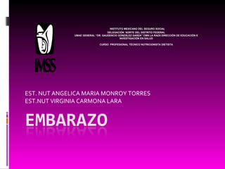 EST. NUT ANGELICA MARIA MONROY TORRES EST.NUT VIRGINIA CARMONA LARA INSTITUTO MEXICANO DEL SEGURO SOCIAL DELEGACIÓN  NORTE DEL DISTRITO FEDERAL UMAE GENERAL “DR. GAUDENCIO GONZÁLEZ GARZA” CMN LA RAZA  DIRECCIÓN DE EDUCACIÓN E INVESTIGACIÓN EN SALUD CURSO  PROFESIONAL TÉCNICO NUTRICIONISTA DIETISTA 