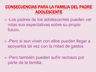 CONSECUENCIAS PARA LA FAMILIA DEL PADRE
            ADOLESCENTE
   -Los padres de los adolescentes pueden ver
    rotas sus expectativas sobre su propio
    futuro.

   -Pero si aun viven con ellos pueden llegar a
    apoyarlos tal vez con la mitad de gastos

   -Pero también pueden sufrir rechazo por
    parte de la familia.
 