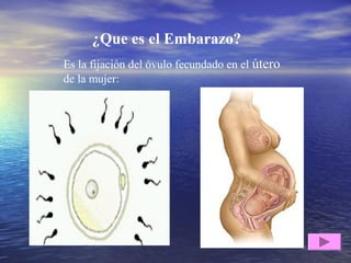 ¿Que es el Embarazo?
Es la fijación del óvulo fecundado en el útero
de la mujer:
 
