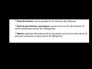 Parto de término: ocurre pasadas las 37 semanas de embarazo.
Parto de pre término o prematuro: ocurre entre las 22 y 36 semanas. El
recién nacido pesa menos de 2.500 gramos.
Aborto: expulsión del producto de la concepción que ocurre antes de las 22
semanas o presenta un peso menor de 500 gramos.

 