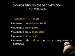 CAMBIOS FISIOLOGICOS DE ADAPTACION
AL EMBARAZO
CAMBIOS DEL UTERO :
 Aumento del volumen total.
 Aumento de longitud.
 Aumento en su capacidad
 Aumento de su Peso
 Aumento de calibre de vasos sanguíneos y
linfáticos.
30

 